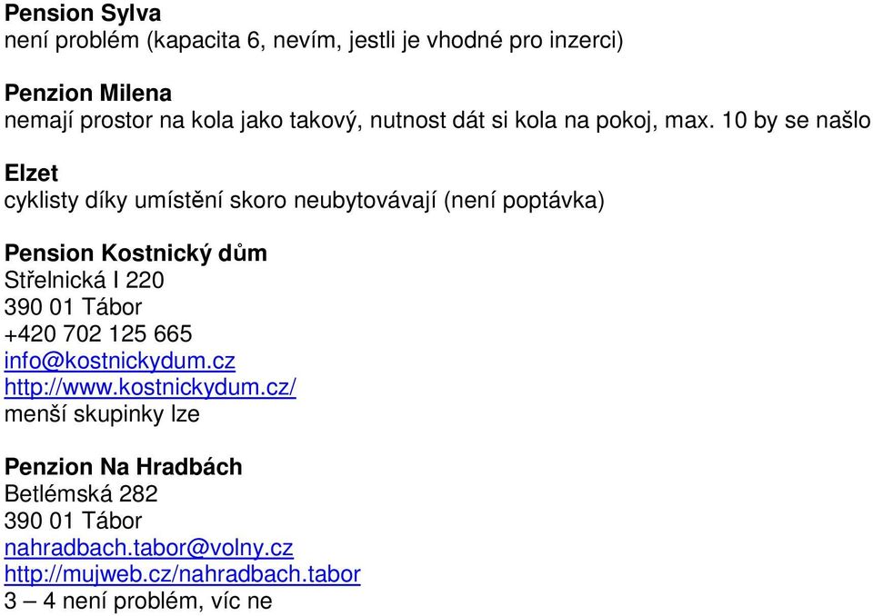 10 by se našlo Elzet cyklisty díky umístění skoro neubytovávají (není poptávka) Pension Kostnický dům Střelnická I