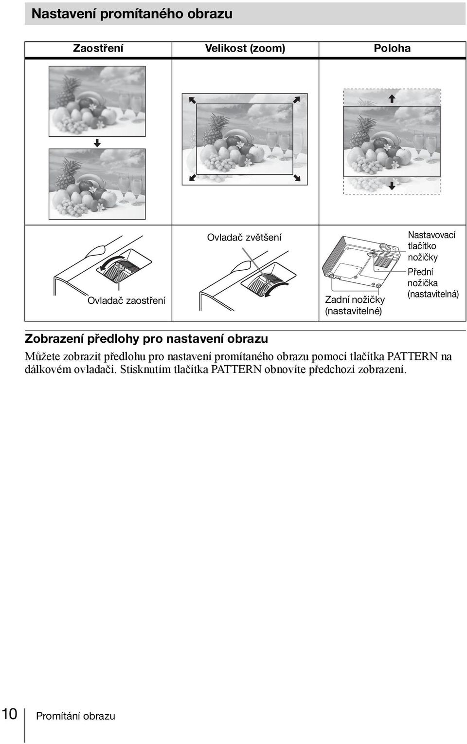 předlohy pro nastavení obrazu Můžete zobrazit předlohu pro nastavení promítaného obrazu pomocí