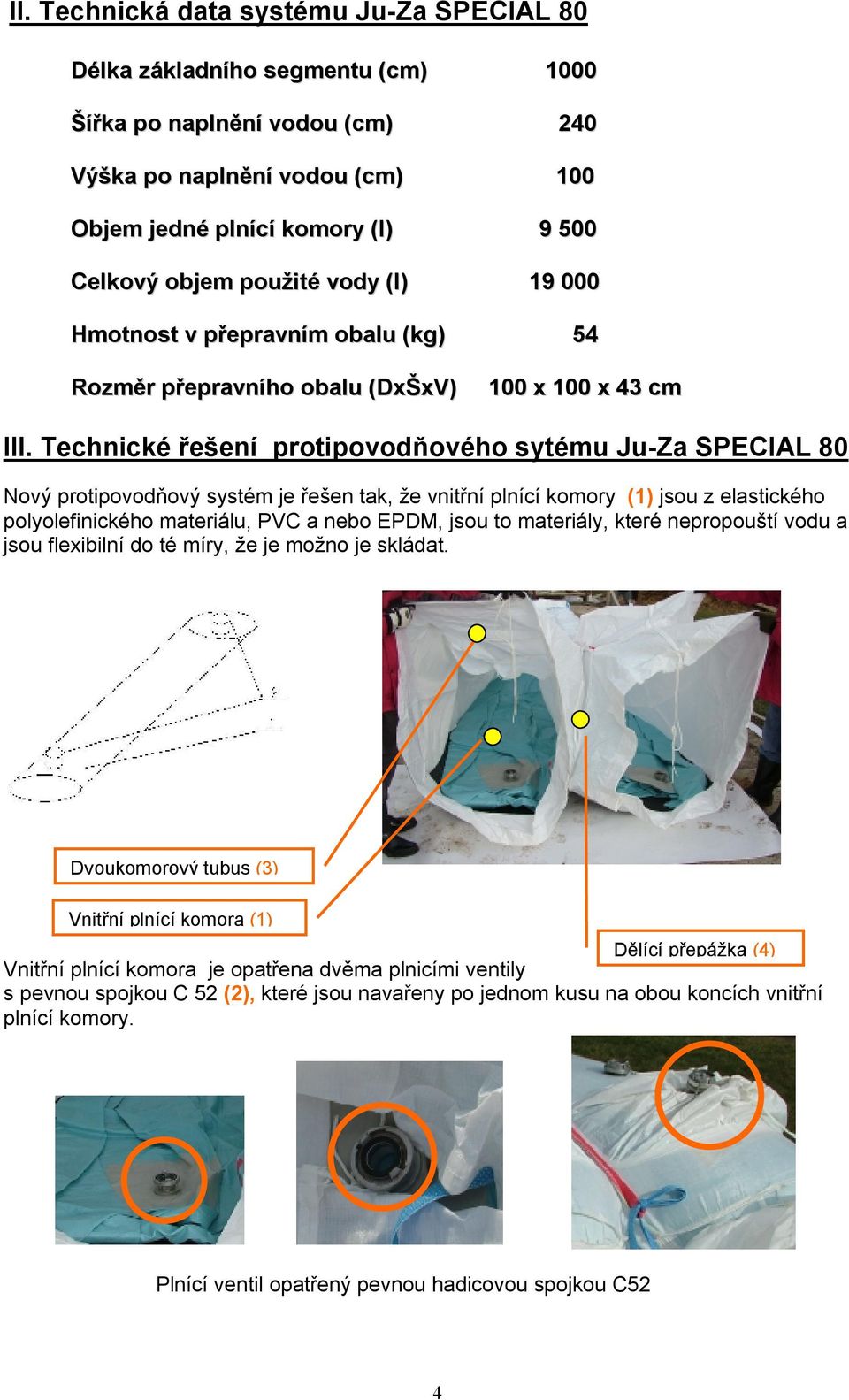 Technické řešení protipovodňového sytému Ju-Za SPECIAL 80 Nový protipovodňový systém je řešen tak, že vnitřní plnící komory (1) jsou z elastického polyolefinického materiálu, PVC a nebo EPDM, jsou to