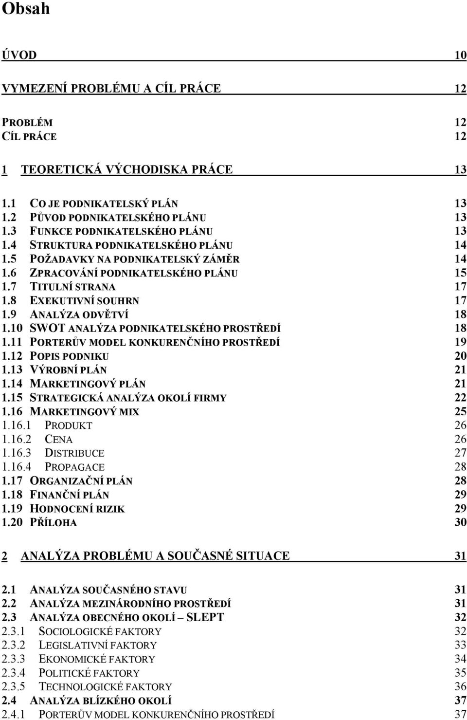 8 EXEKUTIVNÍ SOUHRN 17 1.9 ANALÝZA ODVĚTVÍ 18 1.10 SWOT ANALÝZA PODNIKATELSKÉHO PROSTŘEDÍ 18 1.11 PORTERŮV MODEL KONKURENČNÍHO PROSTŘEDÍ 19 1.12 POPIS PODNIKU 20 1.13 VÝROBNÍ PLÁN 21 1.