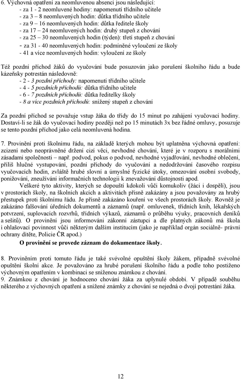 41 a více neomluvených hodin: vyloučení ze školy Též pozdní příchod žáků do vyučování bude posuzován jako porušení školního řádu a bude kázeňsky potrestán následovně: - 2-3 pozdní příchody: