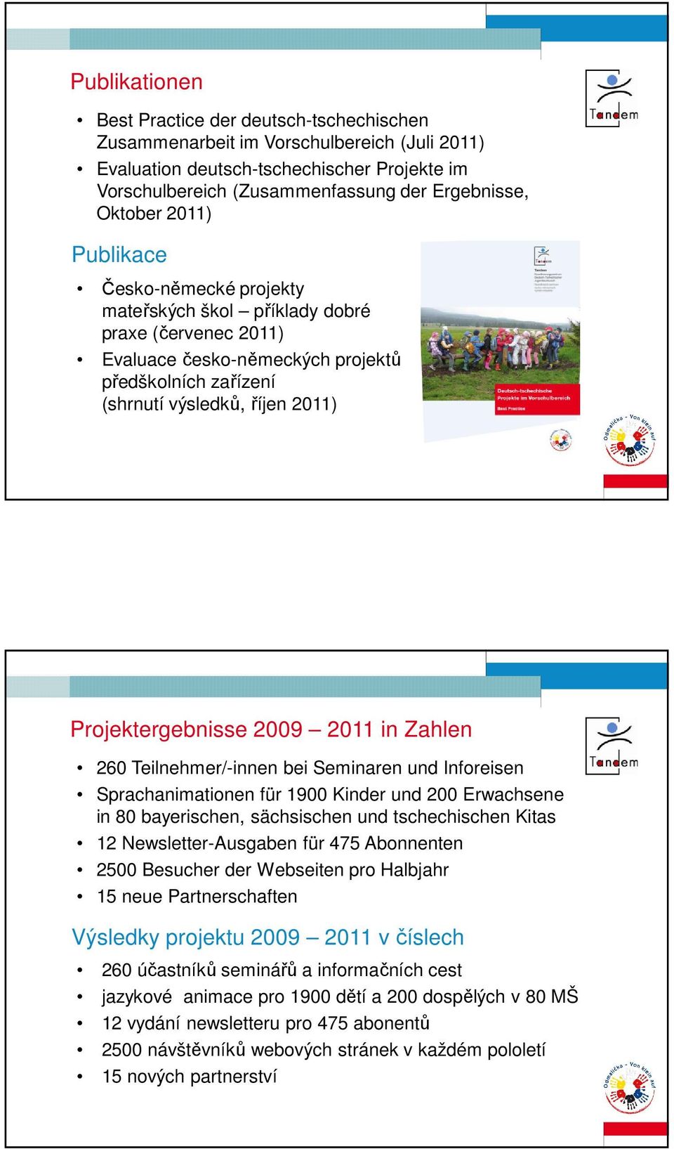 Projektergebnisse 2009 2011 in Zahlen 260 Teilnehmer/-innen bei Seminaren und Inforeisen Sprachanimationen für 1900 Kinder und 200 Erwachsene in 80 bayerischen, sächsischen und tschechischen Kitas 12