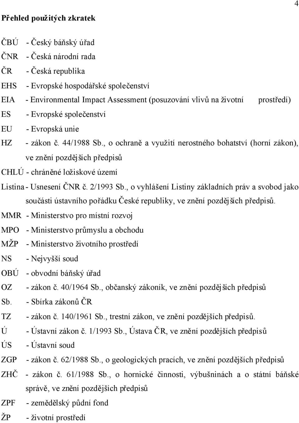 , o ochraněa využití nerostného bohatství (horní zákon), ve znění pozdějších předpisů CHLÚ - chráněné ložiskové území Listina - Usnesení ČNR č. 2/1993 Sb.