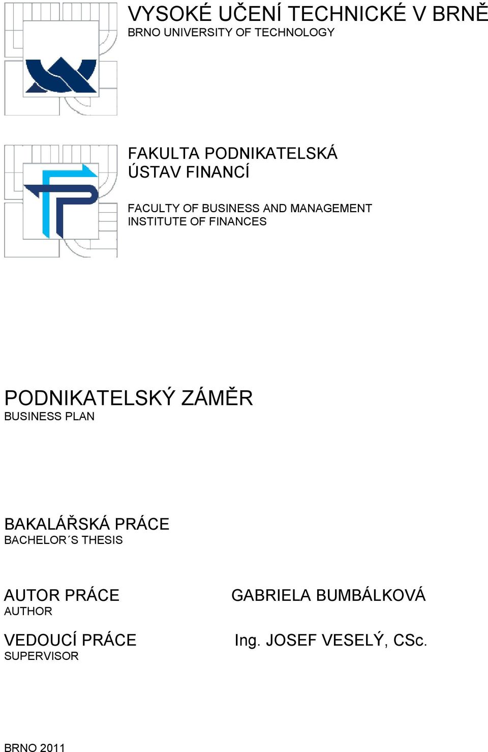 FINANCES PODNIKATELSKÝ ZÁMĚR BUSINESS PLAN BAKALÁŘSKÁ PRÁCE BACHELOR S THESIS