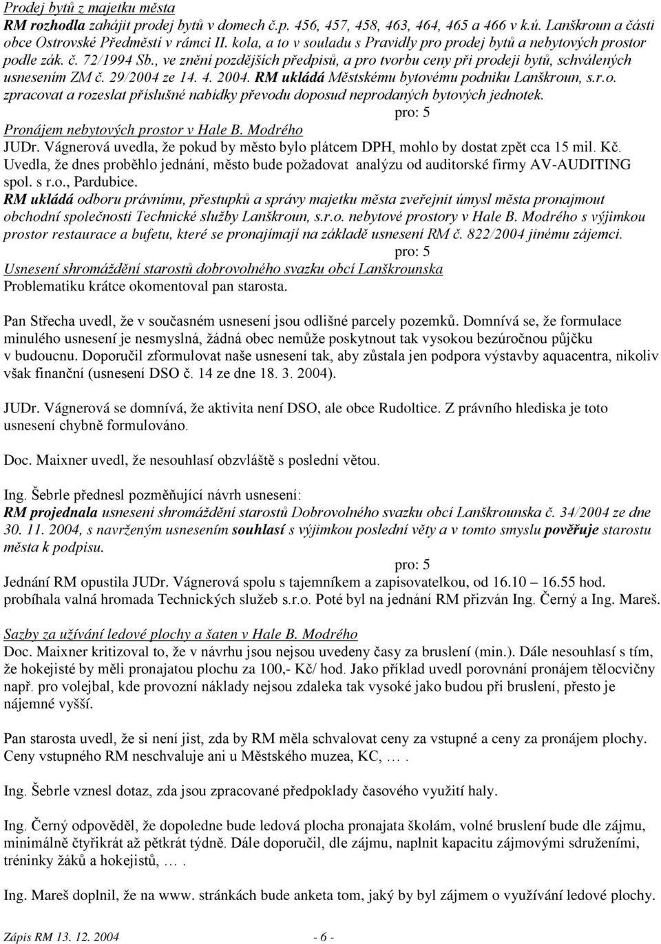 29/2004 ze 14. 4. 2004. RM ukládá Městskému bytovému podniku Lanškroun, s.r.o. zpracovat a rozeslat příslušné nabídky převodu doposud neprodaných bytových jednotek.