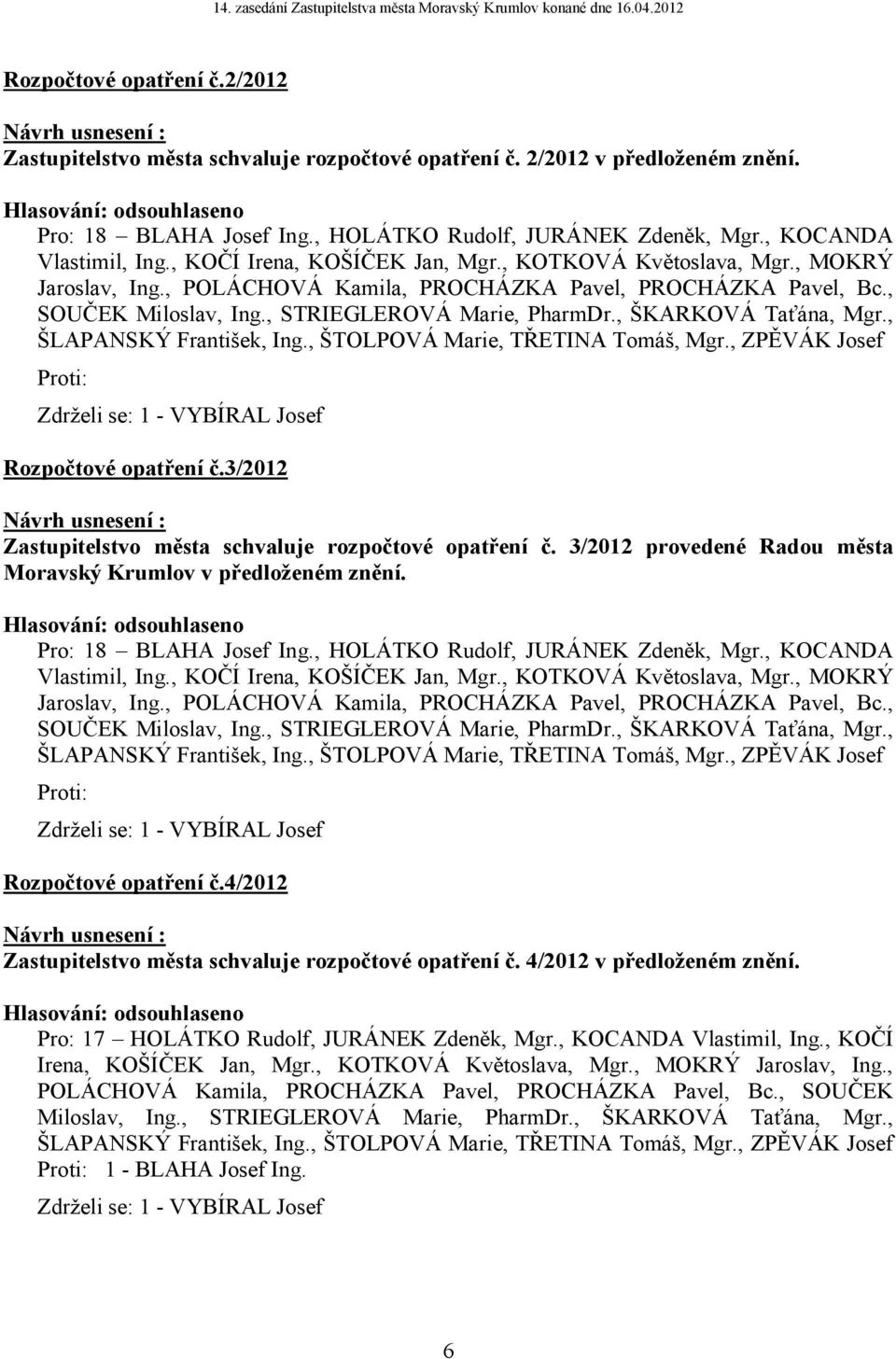 , ZPĚVÁK Josef Proti: Zdrželi se: 1 - VYBÍRAL Josef Rozpočtové opatření č.3/2012 Zastupitelstvo města schvaluje rozpočtové opatření č.