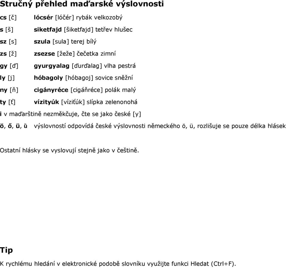 vízityúk [víziťúk] slípka zelenonohá i v maďarštině nezměkčuje, čte se jako české [y] ö, ő, ü, ȕ výslovností odpovídá české výslovnosti německého ö, ü,