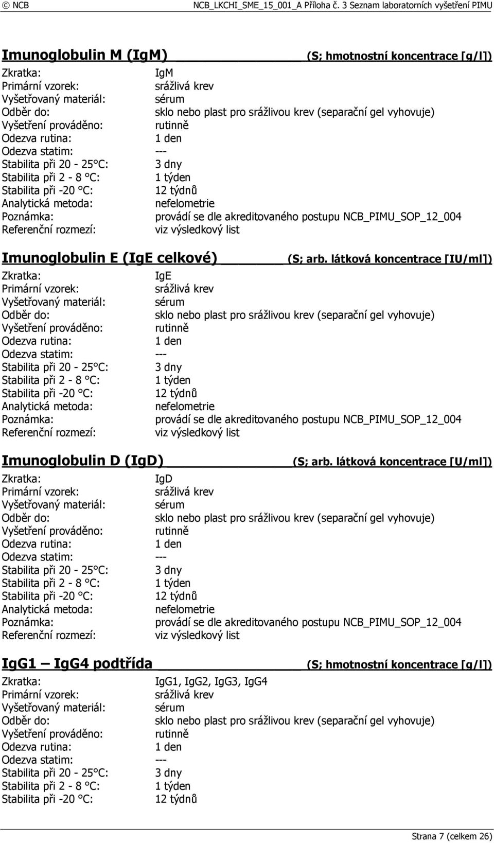 látková koncentrace [IU/ml]) IgE provádí se dle akreditovaného postupu NCB_PIMU_SOP_12_004 Imunoglobulin D (IgD) (S;
