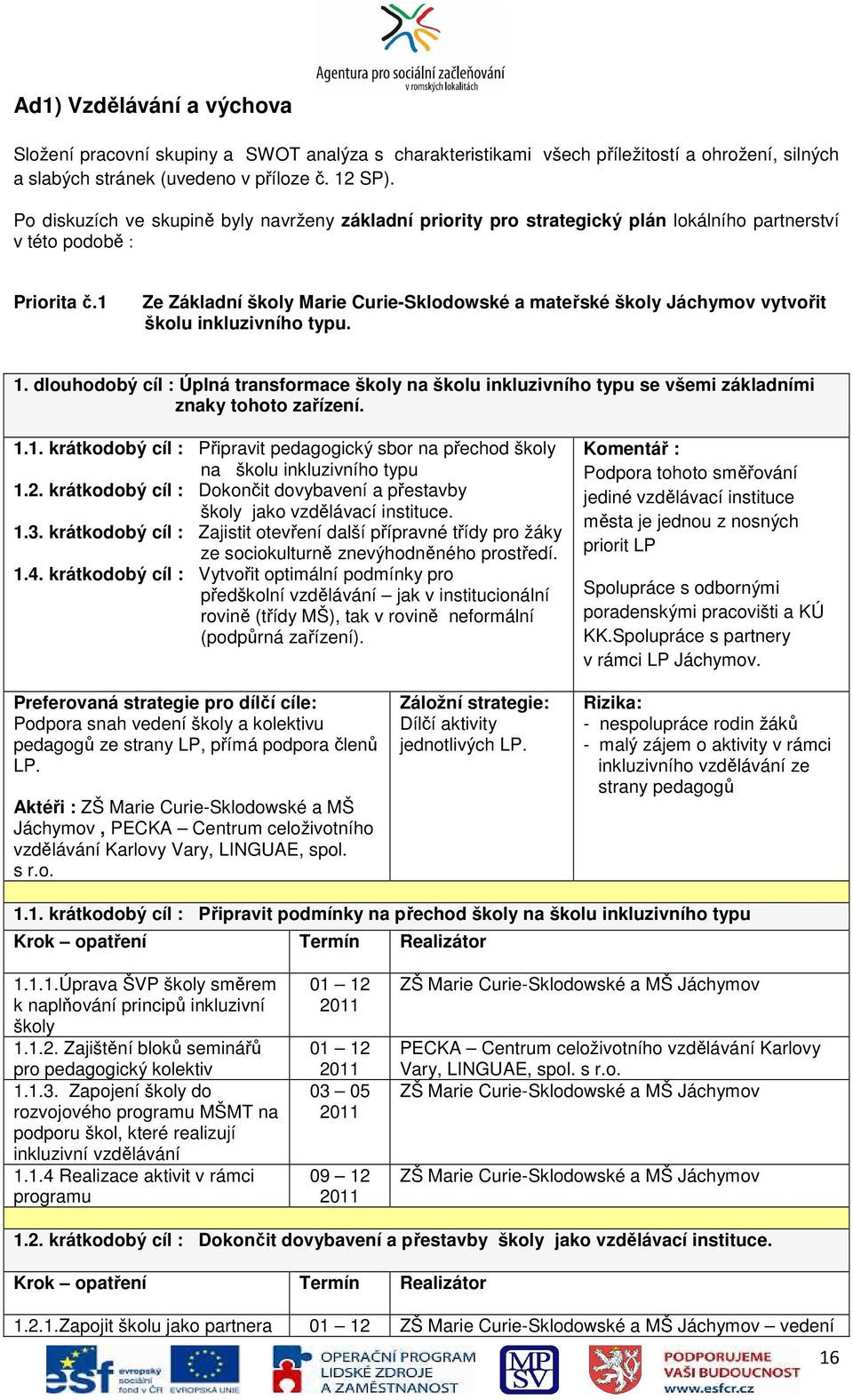 1 Ze Základní školy Marie Curie-Sklodowské a mateřské školy Jáchymov vytvořit školu inkluzivního typu. 1.