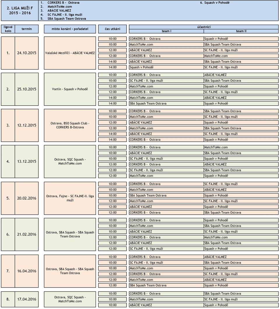 com 14:00 ABÁCIE VALMEZ SBA Squash Team Ostrava 14:00 Squash v Pohodě SC FAJNE - II. liga muži 10:00 CORKERS B - Ostrava ABÁCIE VALMEZ 10:00 SC FAJNE - II.