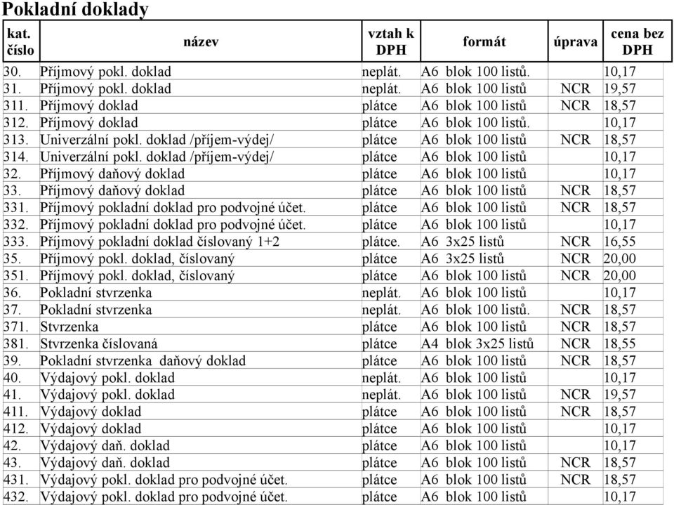 Univerzální pokl. doklad /příjem-výdej/ plátce A6 blok 100 listů 10,17 32. Příjmový daňový doklad plátce A6 blok 100 listů 10,17 33. Příjmový daňový doklad plátce A6 blok 100 listů NCR 18,57 331.