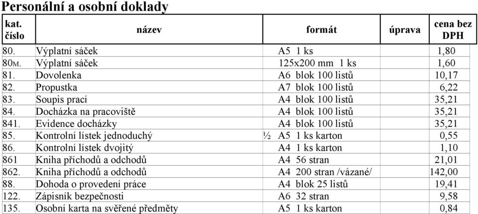 Evidence docházky A4 blok 100 listů 35,21 85. Kontrolní lístek jednoduchý ½ A5 1 ks karton 0,55 86.