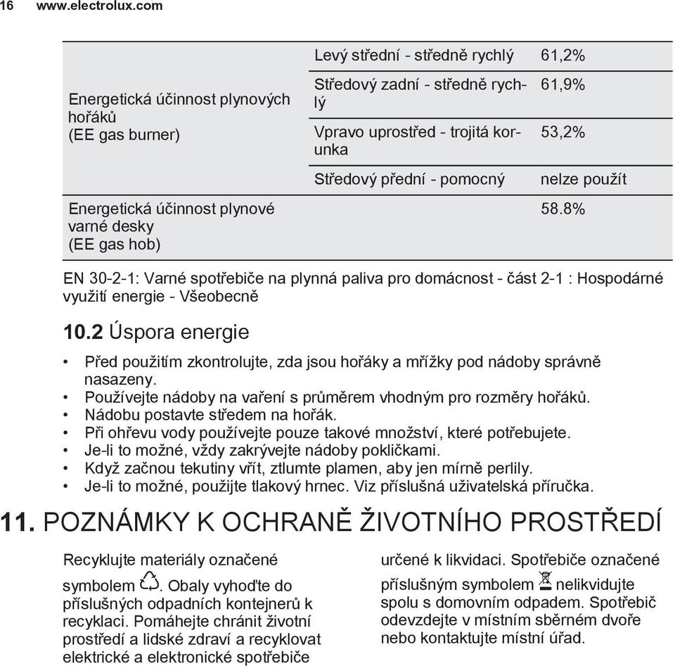 2 Úspora energie Před použitím zkontrolujte, zda jsou hořáky a mřížky pod nádoby správně nasazeny. Používejte nádoby na vaření s průměrem vhodným pro rozměry hořáků. Nádobu postavte středem na hořák.