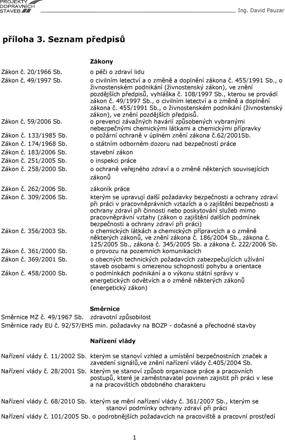 Zákony o péči o zdraví lidu o civilním letectví a o změně a doplnění zákona č. 455/1991 Sb., o živnostenském podnikání (živnostenský zákon), ve znění pozdějších předpisů, vyhláška č. 108/1997 Sb.