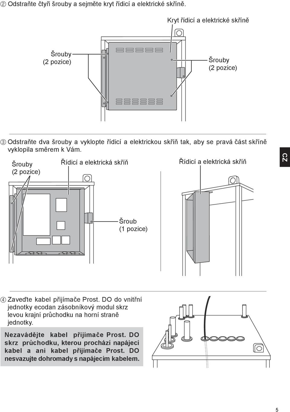 vyklopila směrem k Vám. Šrouby (2 pozice) Řídicí a elektrická skříň Řídicí a elektrická skříň Šroub (1 pozice) Zaveďte kabel přijímače Prost.