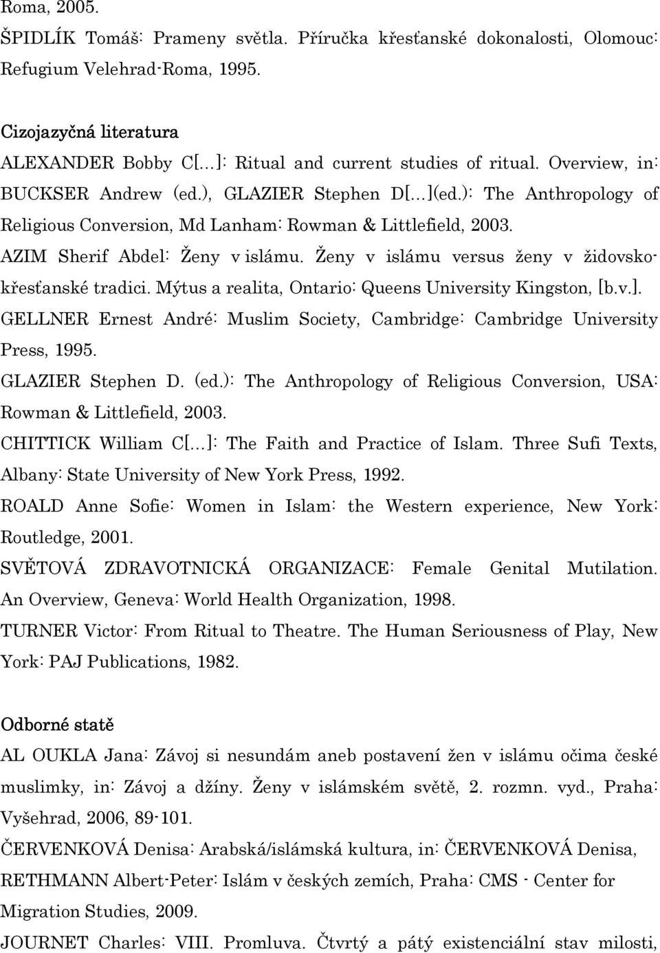 Ženy v islámu versus ženy v židovskokřesťanské tradici. Mýtus a realita, Ontario: Queens University Kingston, [b.v.]. GELLNER Ernest André: Muslim Society, Cambridge: Cambridge University Press, 1995.