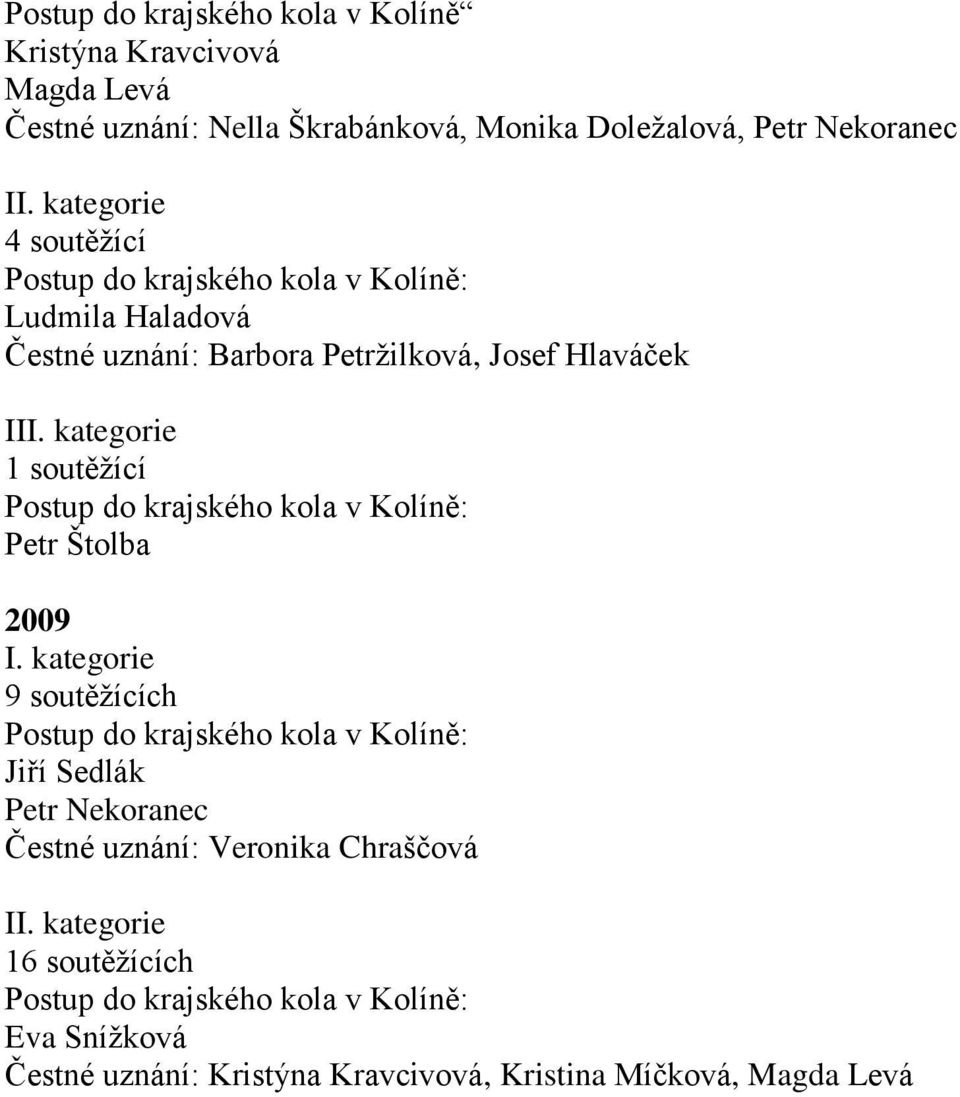 krajského kola v Kolíně: Petr Štolba 2009 9 soutěžících Postup do krajského kola v Kolíně: Jiří Sedlák Petr Nekoranec Čestné uznání: