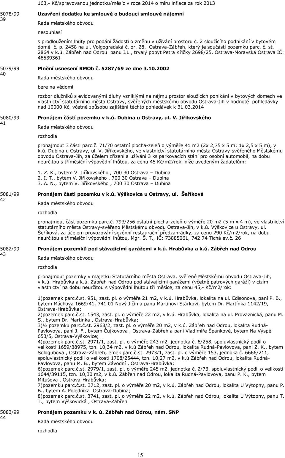 L., trvalý pobyt Petra Křičky 2698/25, Ostrava-Moravská Ostrava IČ: 46539361 5079/99 40 Plnění usnesení RMOb č. 5287/69 ze dne 3.10.