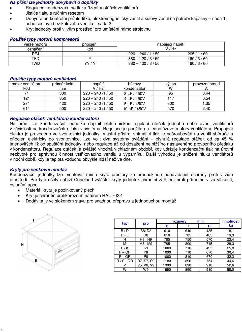napájecí napětí označení kód V / Hz FJ 220 240 / 1 / 50 265 / 1 / 60 TFD Y 380 420 / 3 / 50 460 / 3 / 60 TWD YY / Y 380 420 / 3 / 50 460 / 3 / 60 oužité typy motorů ventilátorů motor ventilátoru kód