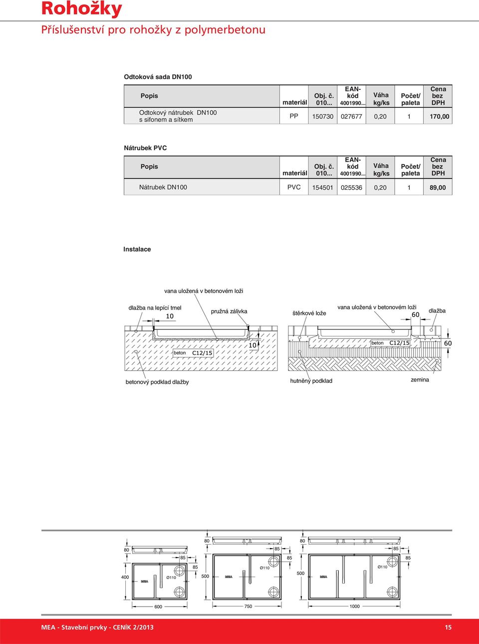 materiál Nátrubek DN100 PVC 154501 025536 0,20 1 89,00 Instalace vana uložená v betonovém loži dlažba na lepící tmel pružná