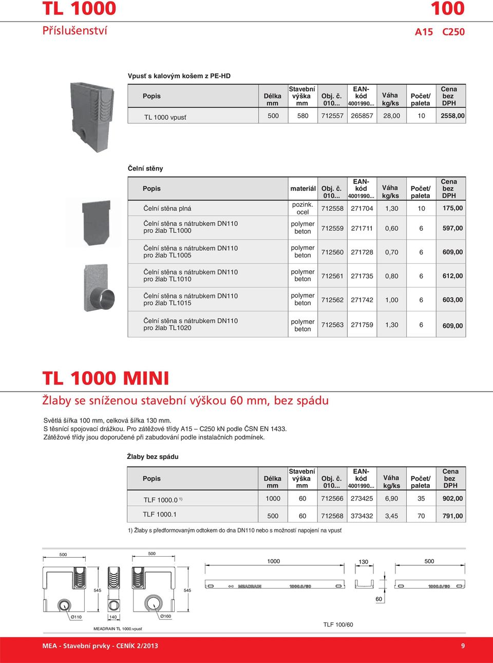 pro žlab TL1010 Čelní stěna s nátrubkem DN110 pro žlab TL1015 polymer beton polymer beton polymer beton 712560 271728 0,70 6 609,00 712561 271735 0,80 6 612,00 712562 271742 1,00 6 603,00 Čelní stěna