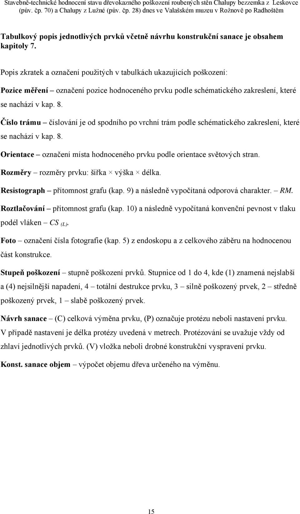 Popis zkratek a označení použitých v tabulkách ukazujících poškození: Pozice měření označení pozice hodnoceného prvku podle schématického zakreslení, které se nachází v kap. 8.