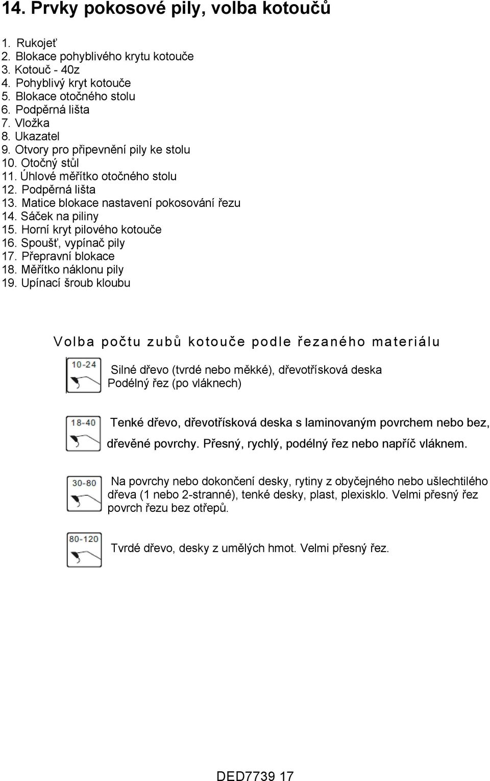 Horní kryt pilového kotouče 16. Spoušť, vypínač pily 17. Přepravní blokace 18. Měřítko náklonu pily 19.