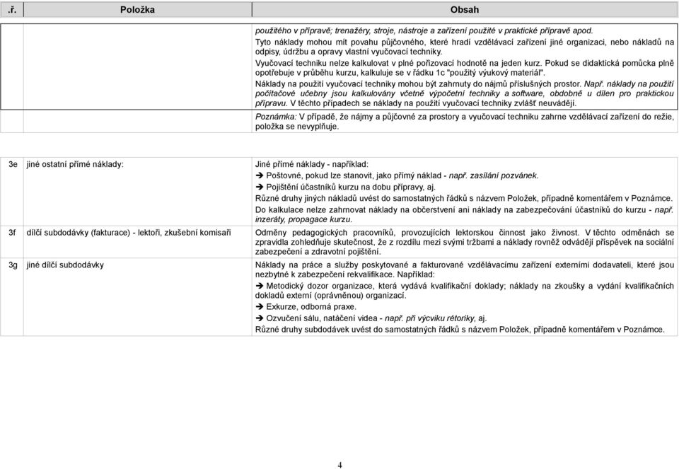 Vyučovací techniku nelze kalkulovat v plné pořizovací hodnotě na jeden kurz. Pokud se didaktická pomůcka plně opotřebuje v průběhu kurzu, kalkuluje se v řádku 1c "použitý výukový materiál".