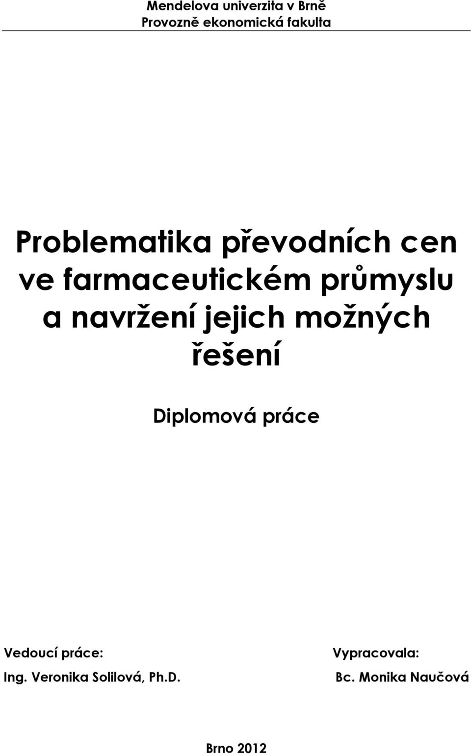 navržení jejich možných řešení Diplomová práce Vedoucí práce: