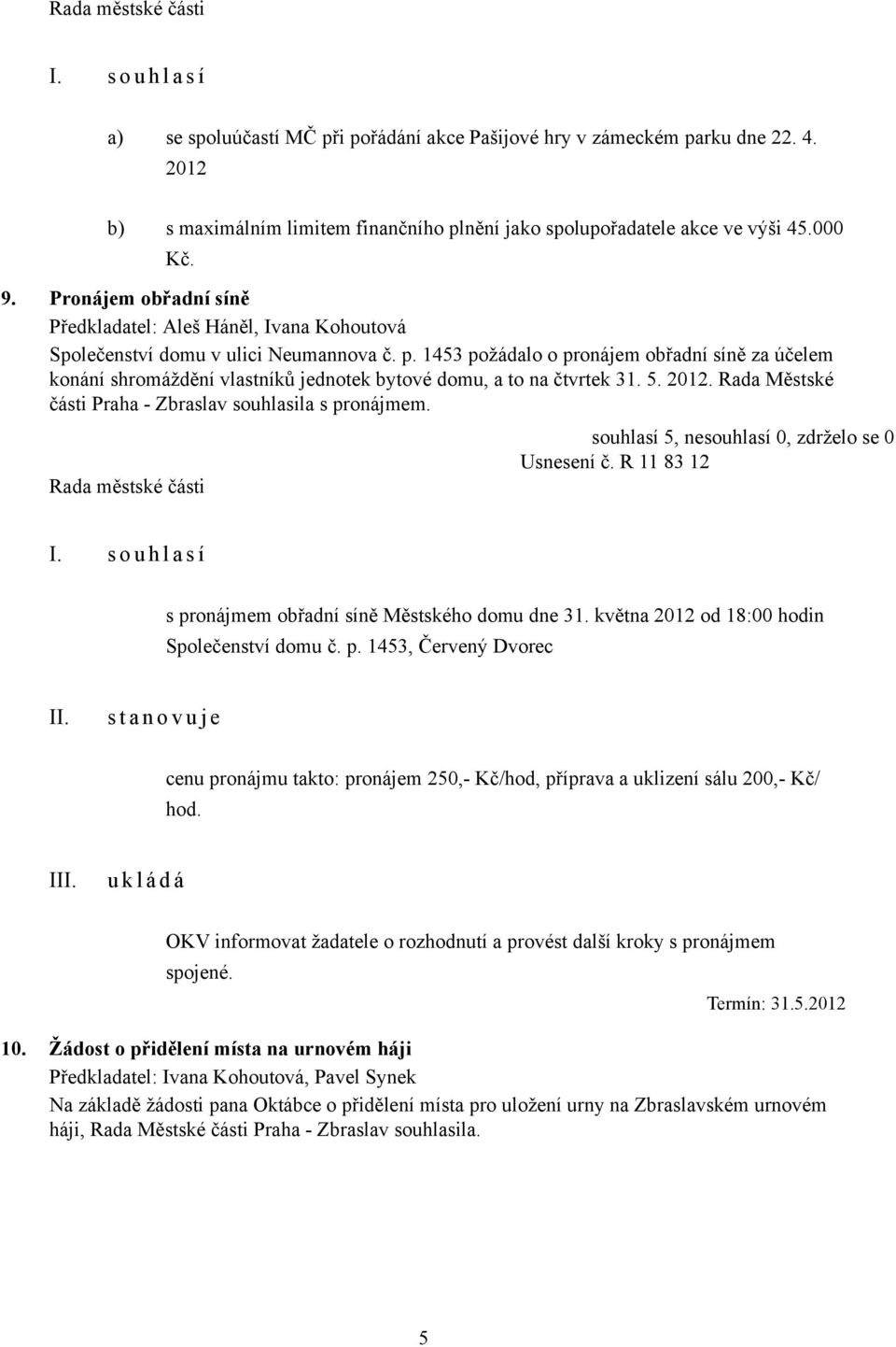 1453 požádalo o pronájem obřadní síně za účelem konání shromáždění vlastníků jednotek bytové domu, a to na čtvrtek 31. 5. 2012. Rada Městské části Praha - Zbraslav souhlasila s pronájmem. Usnesení č.