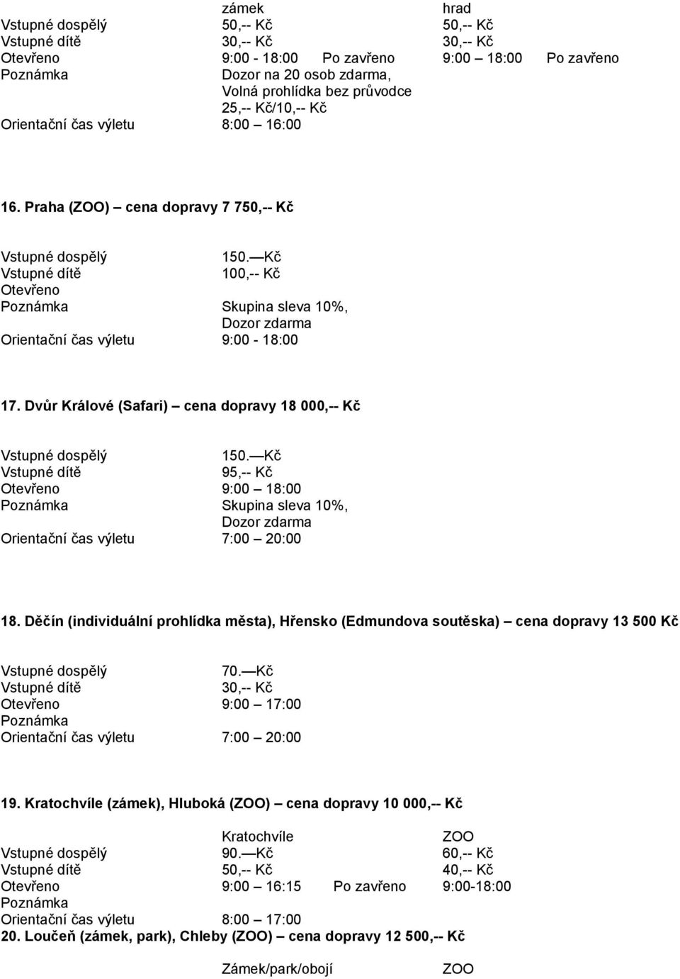 Kč 95,-- Kč Otevřeno 9:00 18:00 Skupina sleva 10%, Dozor zdarma 7:00 20:00 18. Děčín (individuální prohlídka města), Hřensko (Edmundova soutěska) cena dopravy 13 500 Kč 70.