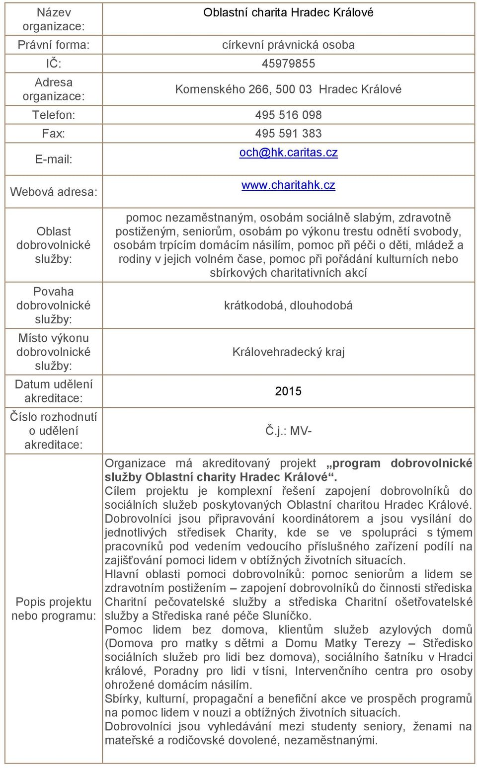 volném čase, pomoc při pořádání kulturních nebo sbírkových charitativních akcí krátkodobá, Královehradecký kraj 2015 Č.j.: MV- Organizace má akreditovaný projekt program služby ní charity Hradec Králové.