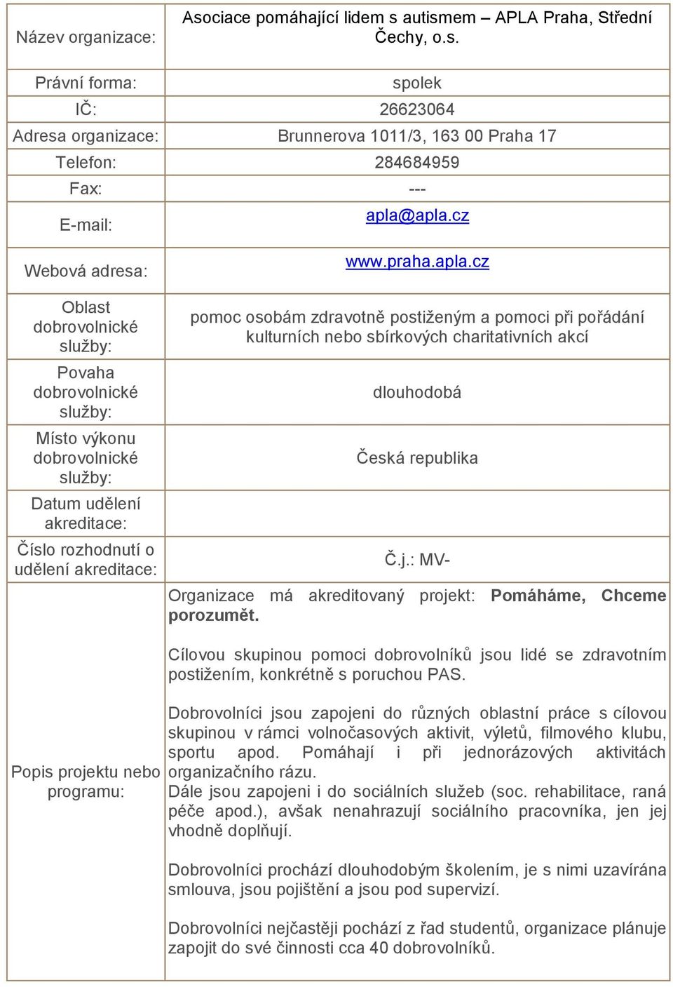 : MV- Organizace má akreditovaný projekt: Pomáháme, Chceme porozumět. Cílovou skupinou pomoci dobrovolníků jsou lidé se zdravotním postižením, konkrétně s poruchou PAS.