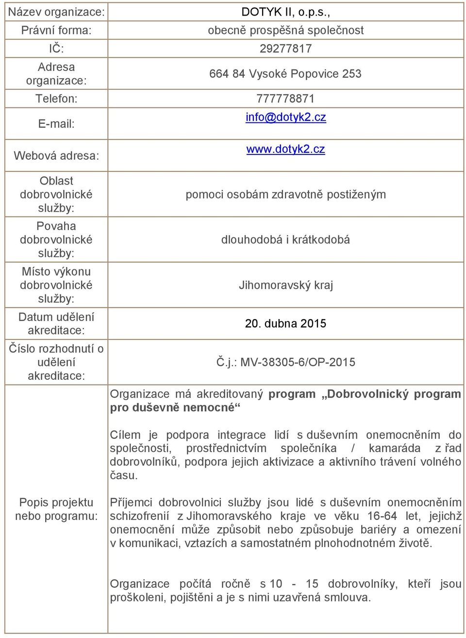 : MV-38305-6/OP-2015 Organizace má akreditovaný program Dobrovolnický program pro duševně nemocné Cílem je podpora integrace lidí s duševním onemocněním do společnosti, prostřednictvím společníka /