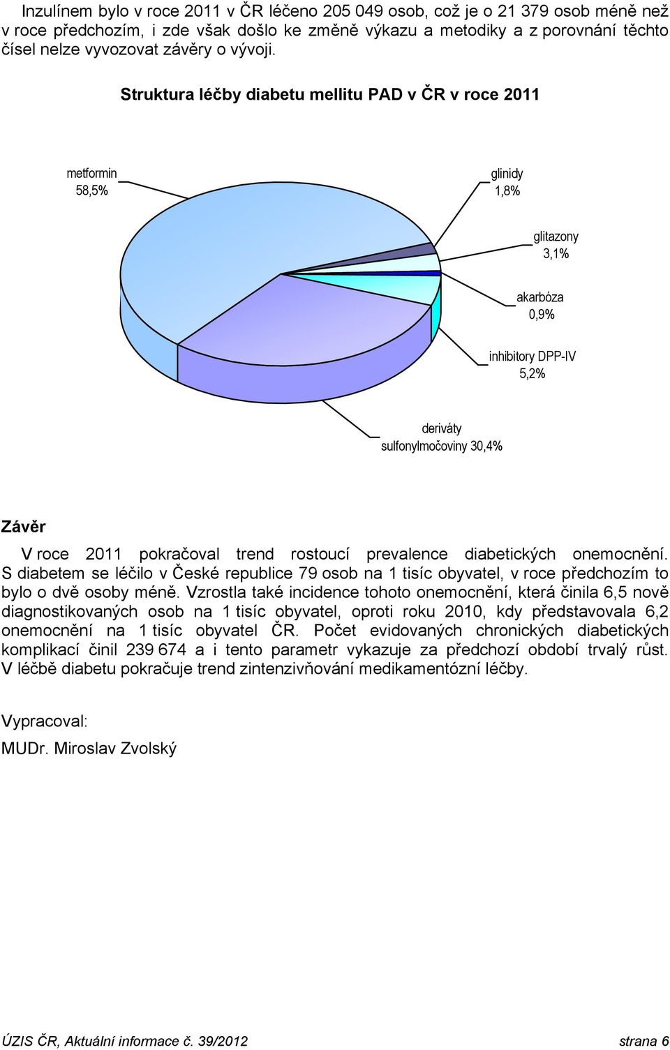 Struktura léčby diabetu mellitu PAD v ČR v roce 2011 metformin 58,5% glinidy 1,8% glitazony 3,1% akarbóza 0,9% inhibitory DPP-IV 5,2% deriváty sulfonylmočoviny 30,4% Závěr V roce 2011 pokračoval