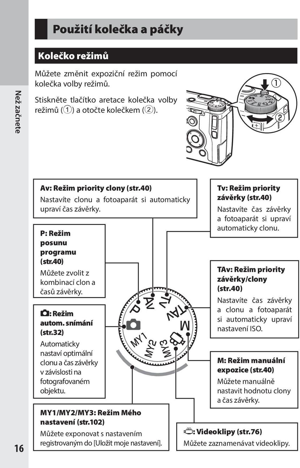 snímání (str.32) Automaticky nastaví optimální clonu a čas závěrky v závislosti na fotografovaném objektu. MY1/MY2/MY3: Režim Mého nastavení (str.