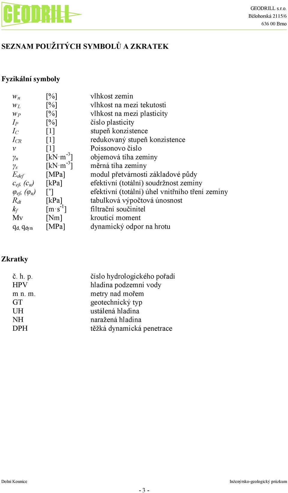 efektivní (totální) soudržnost zeminy φ ef, (φ u ) [ ] efektivní (totální) úhel vnitřního tření zeminy R dt [kpa] tabulková výpočtová únosnost k f [m s -1 ] filtrační součinitel Mv [Nm] kroutící