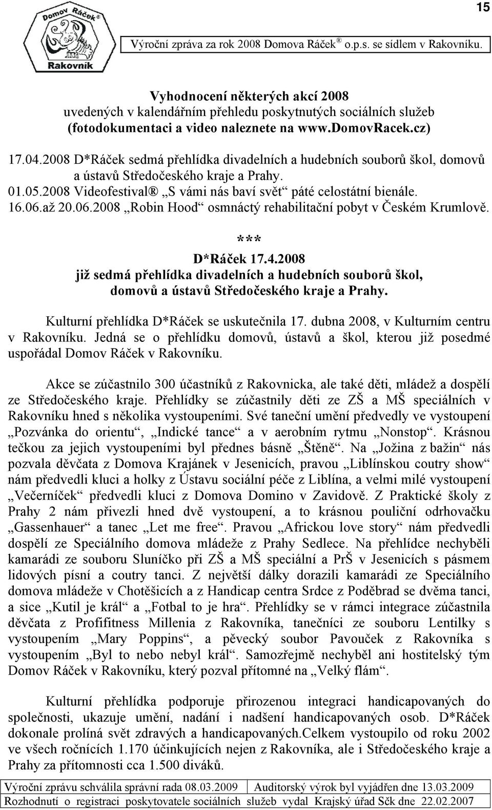 28 D*Ráček sedmá přehlídka divadelních a hudebních souborů škol, domovů a ústavů Středočeského kraje a Prahy. 1.5.28 Videofestival S vámi nás baví svět páté celostátní bienále. 16.