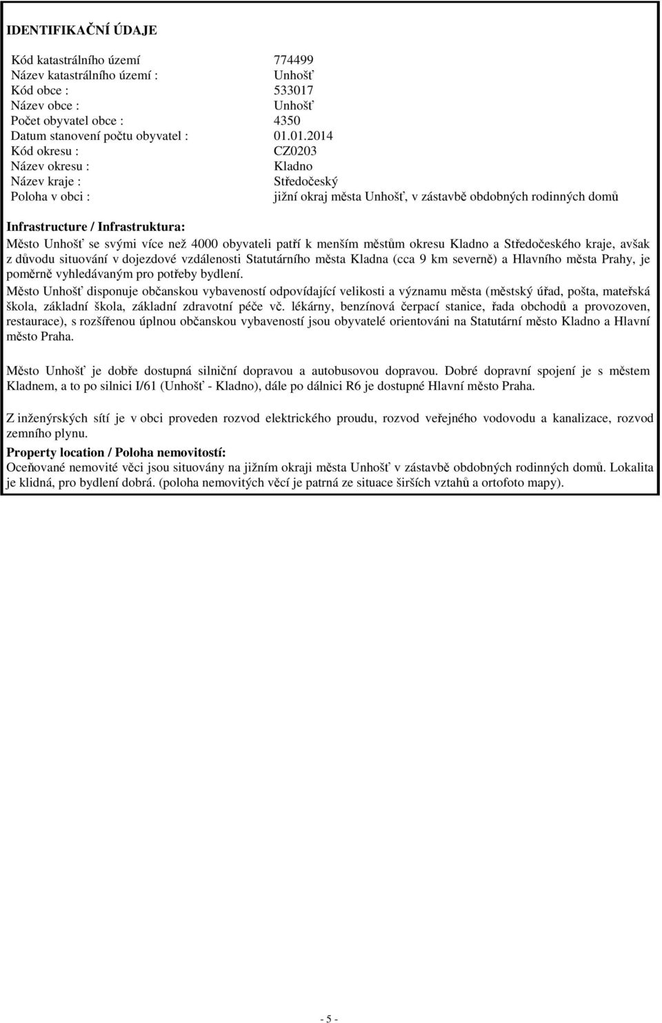 01.2014 Kód okresu : CZ0203 Název okresu : Kladno Název kraje : Středočeský Poloha v obci : jižní okraj města Unhošť, v zástavbě obdobných rodinných domů Infrastructure / Infrastruktura: Město Unhošť