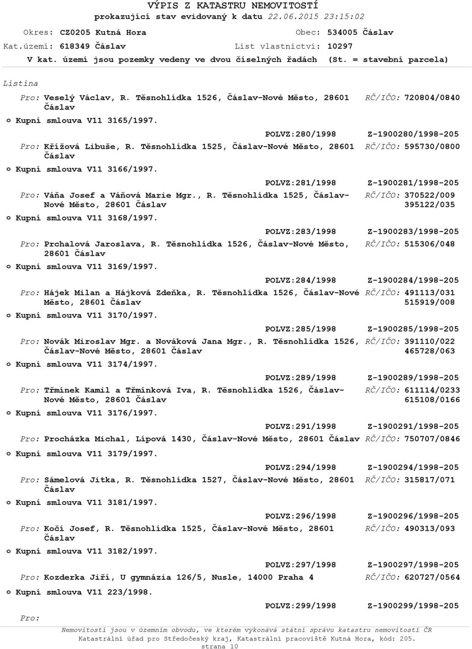 Těsnhlídka 1525, -Nvé Měst, 28601 Kupní smluva V11 3166/1997. Váňa Jsef a Váňvá Marie Mgr., R. Těsnhlídka 1525, - Nvé Měst, Kupní smluva V11 3168/1997. Prchalvá Jarslava, R.