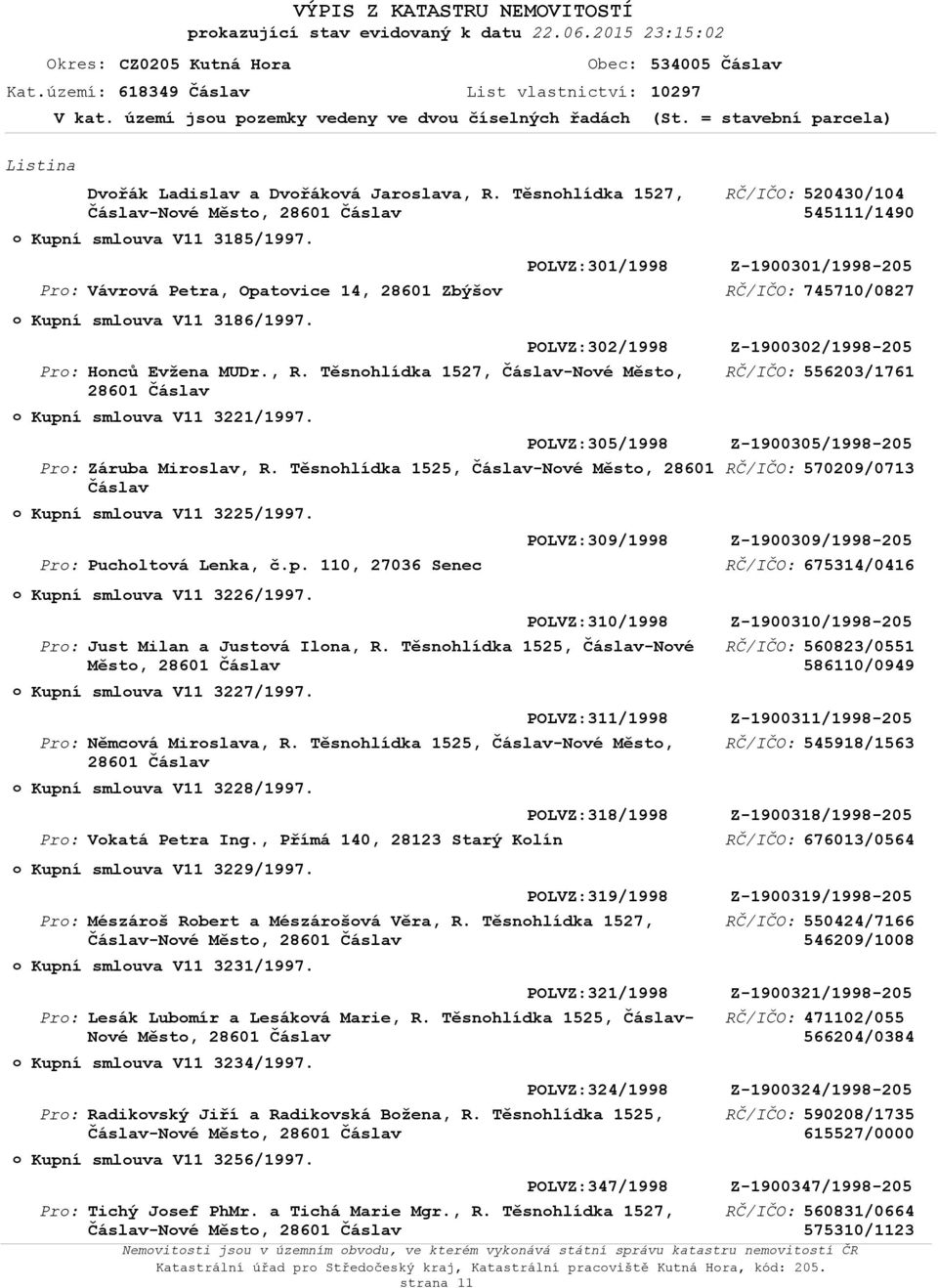 Vávrvá Petra, Opatvice 14, 28601 Zbýšv Kupní smluva V11 3186/1997. Hnců Evžena MUDr., R. Těsnhlídka 1527, -Nvé Měst, Kupní smluva V11 3221/1997. Záruba Mirslav, R.