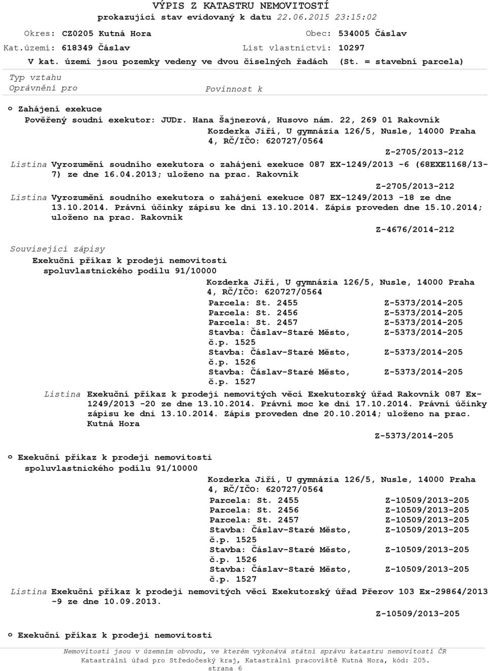 22, 269 01 Rakvník Kzderka Jiří, U gymnázia 126/5, Nusle, 14000 Praha 4, 620727/0564 Z-2705/2013-212 Vyrzumění sudníh exekutra zahájení exekuce 087 EX-1249/2013-6 (68EXE1168/13-7) ze dne 16.04.