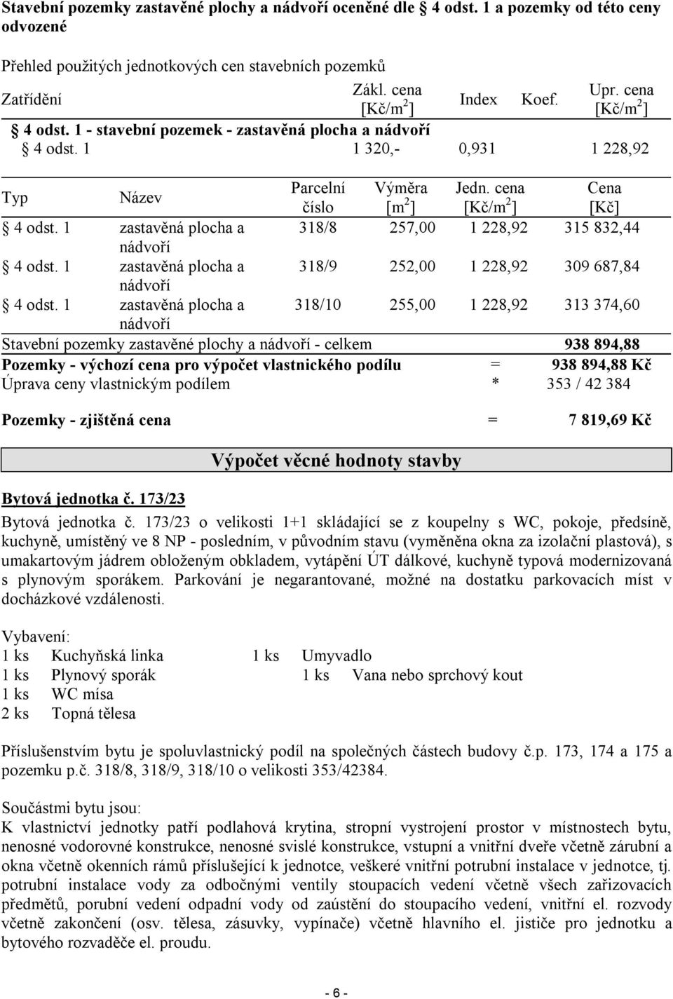 cena Cena číslo [m 2 ] [Kč/m 2 ] [Kč] 4 odst. 1 zastavěná plocha a 318/8 257,00 1 228,92 315 832,44 nádvoří 4 odst. 1 zastavěná plocha a 318/9 252,00 1 228,92 309 687,84 nádvoří 4 odst.