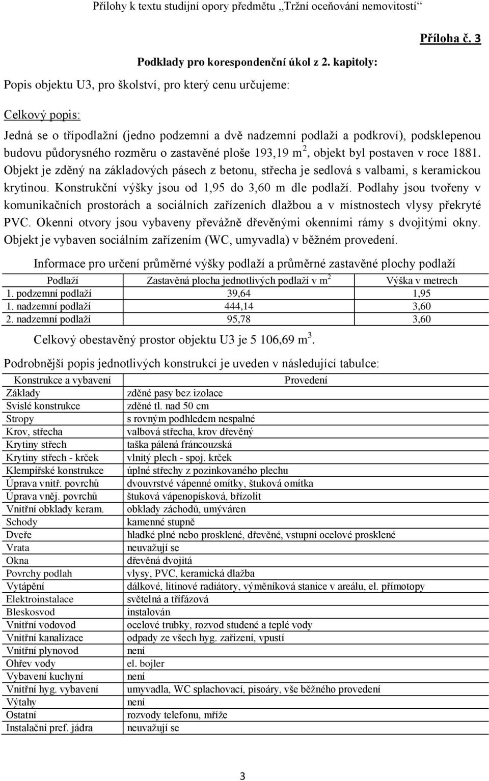 Objekt je zděný na základových pásech z betonu, střecha je sedlová s valbami, s keramickou krytinou. Konstrukční výšky jsou od 1,95 do 3,60 m dle podlaží.