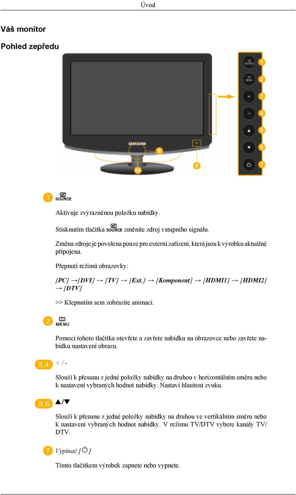 ] [Komponent] [HDMI1] [HDMI2] [DTV] >> Klepnutím sem zobrazíte animaci. Pomocí tohoto tlačítka otevřete a zavřete nabídku na obrazovce nebo zavřete nabídku nastavení obrazu.