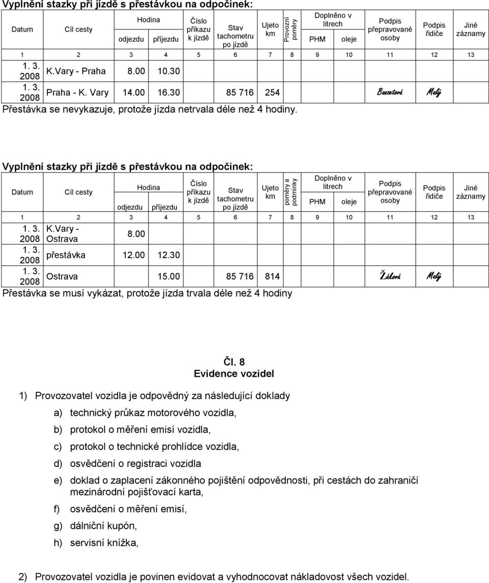 30 85 716 254 Banzetová Malý Přestávka se nevykazuje, protože jízda netrvala déle než 4 hodiny.