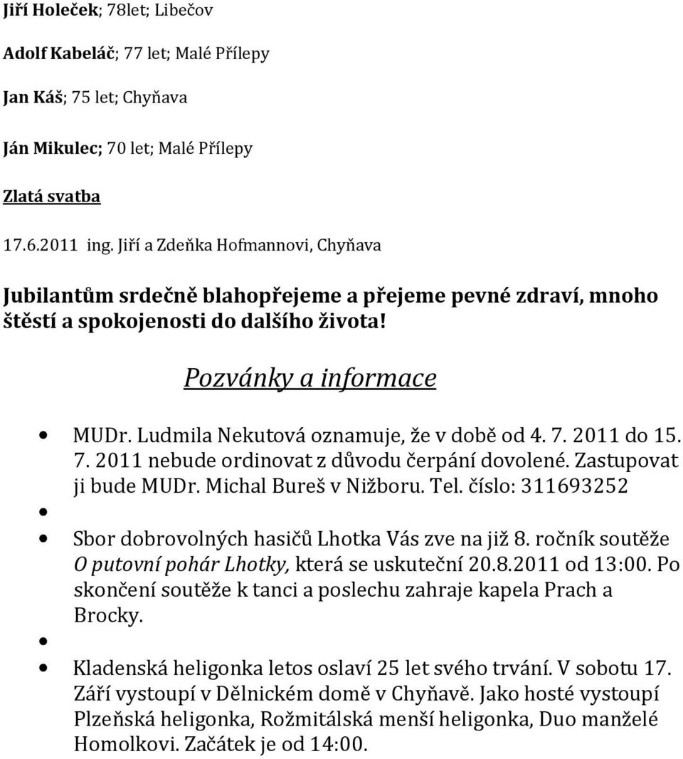 Ludmila Nekutová oznamuje, že v době od 4. 7. 2011 do 15. 7. 2011 nebude ordinovat z důvodu čerpání dovolené. Zastupovat ji bude MUDr. Michal Bureš v Nižboru. Tel.