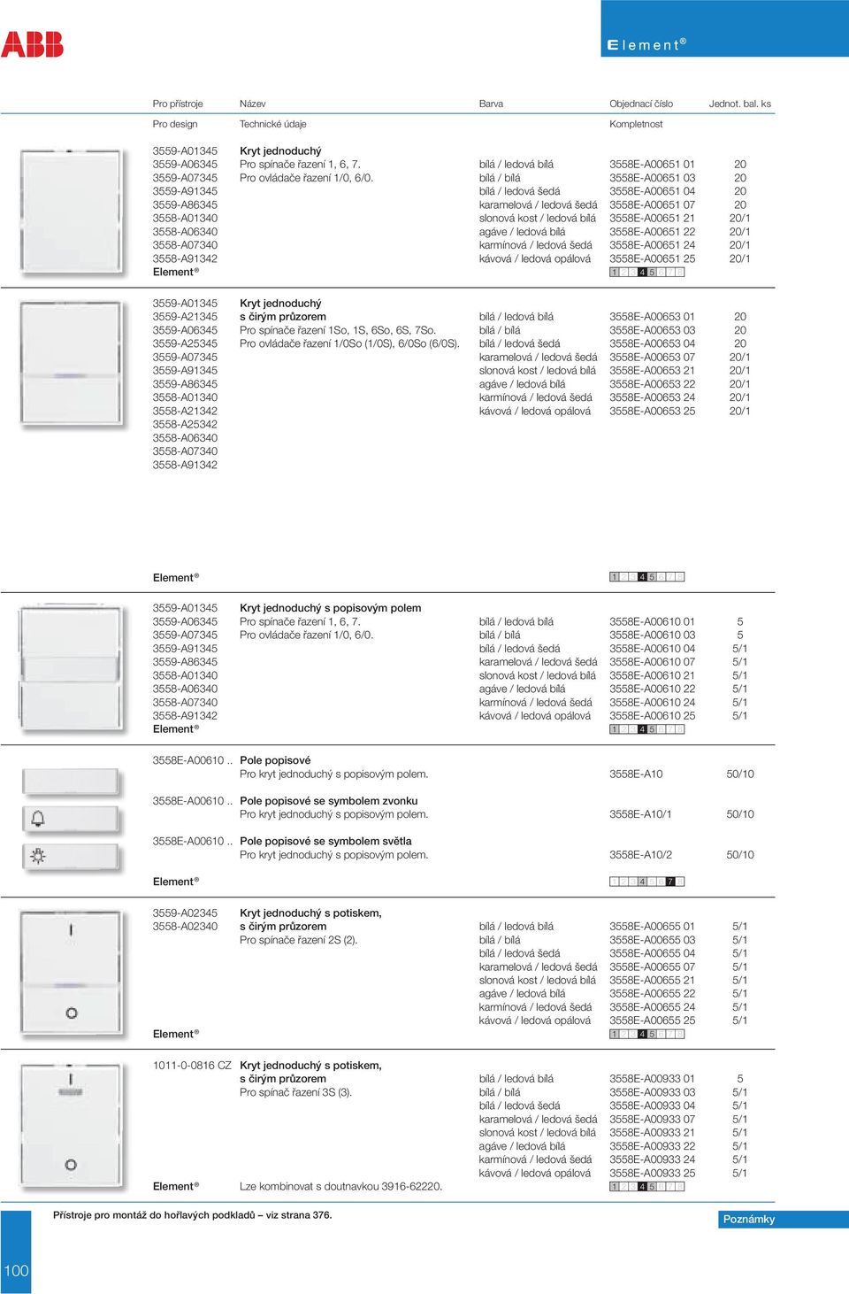 3558-A06340 agáve / ledová bílá 3558E-A00651 22 20/1 3558-A07340 karmínová / ledová šedá 3558E-A00651 24 20/1 3558-A91342 kávová / ledová opálová 3558E-A00651 25 20/1 3559-A01345 Kryt jednoduchý