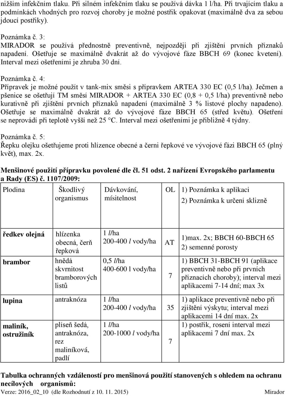 3: MIRADOR se používá přednostně preventivně, nejpozději při zjištění prvních příznaků napadení. Ošetřuje se maximálně dvakrát až do vývojové fáze BBCH 69 (konec kvetení).