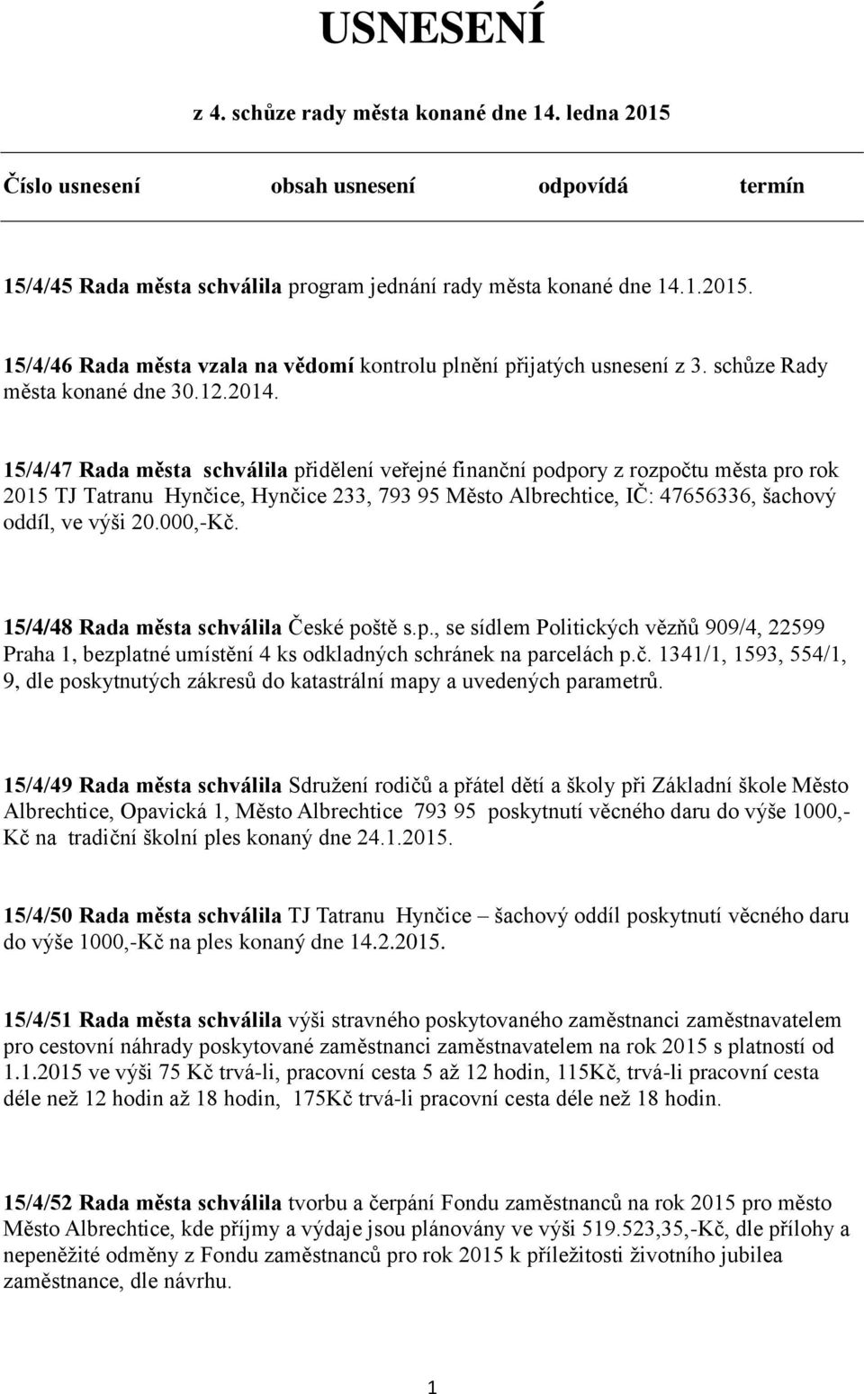 15/4/47 Rada města schválila přidělení veřejné finanční podpory z rozpočtu města pro rok 2015 TJ Tatranu Hynčice, Hynčice 233, 793 95 Město Albrechtice, IČ: 47656336, šachový oddíl, ve výši 20.